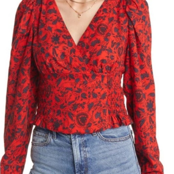 Treasure and Bond Smoked Wrap Puff Shoulder Top Red Polish Global Flower. XS - Picture 1 of 5